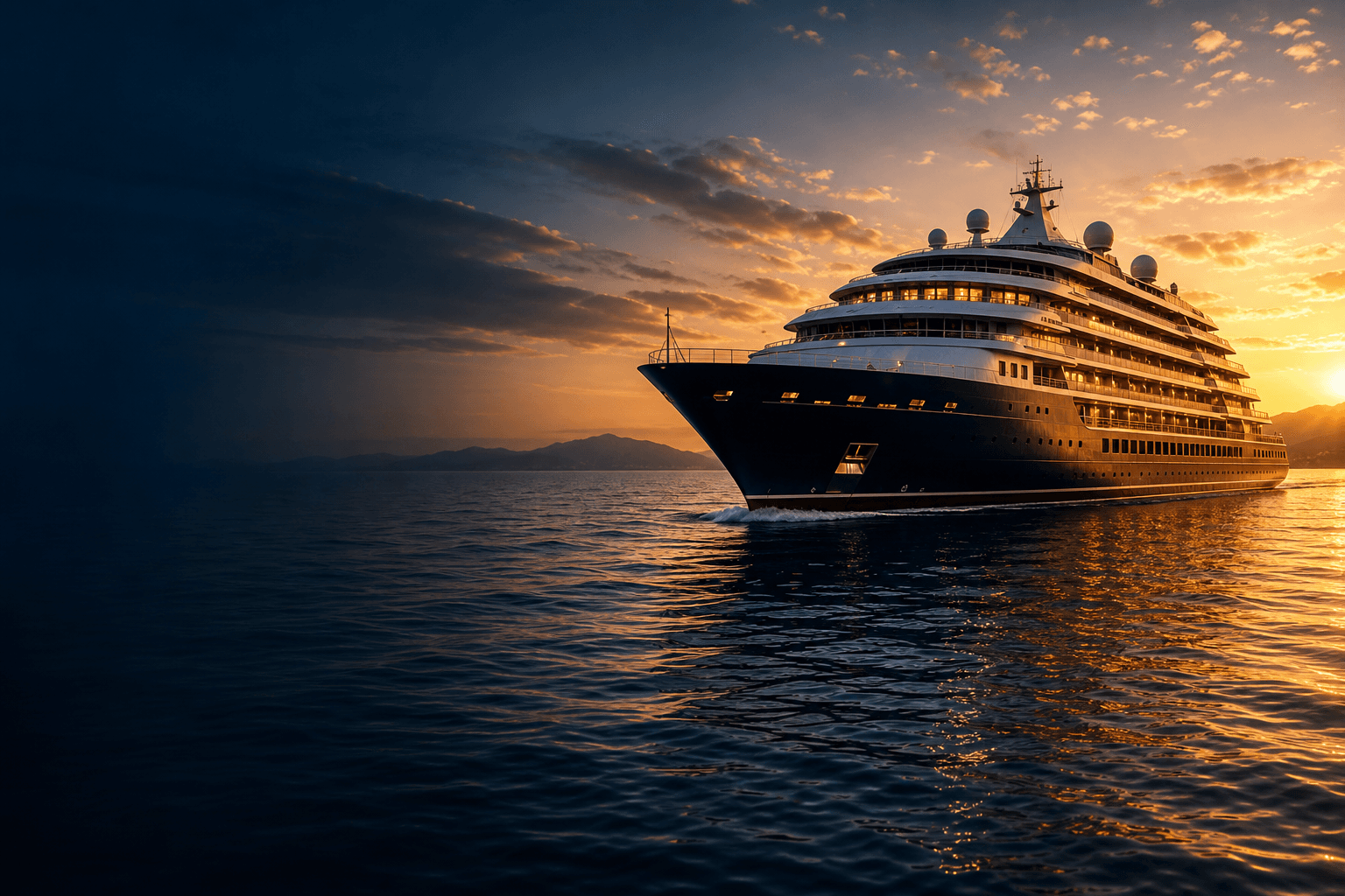 Luxury cruise ship sailing at sunset
